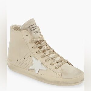 Golden Goose Francy Cream High-Tops with Glittery Gold Laces & Cream Laces